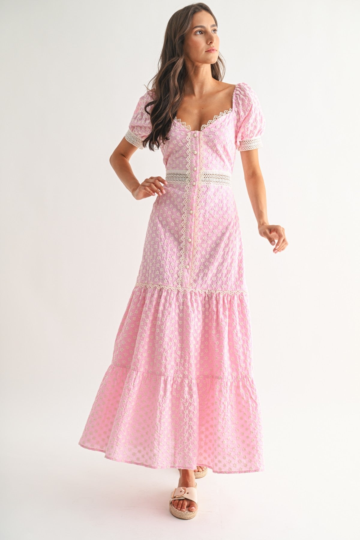 Pink Lace-trimmed Maxi Dress