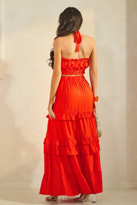 Ring Attached Shirred Tube Top & Tiered Maxi Skirt Set - Tomato Red