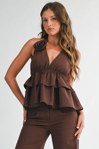 Ruffle Halter Top & Flared Trousers Set