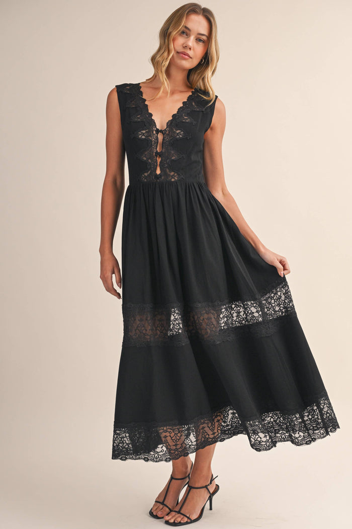 LACE PANEL DETAILED SLEEVELESS V NECK MIDI DRESS