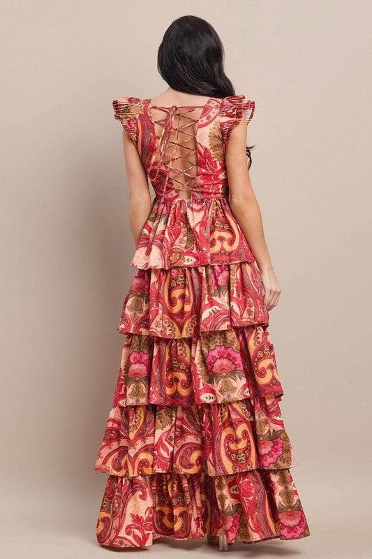 RUFFLE MAXI TIERED DRESS drawstring open back PRIVILEGE