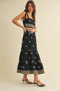 Boho Embroidered Crop Top & Tiered Midi Skirt Set