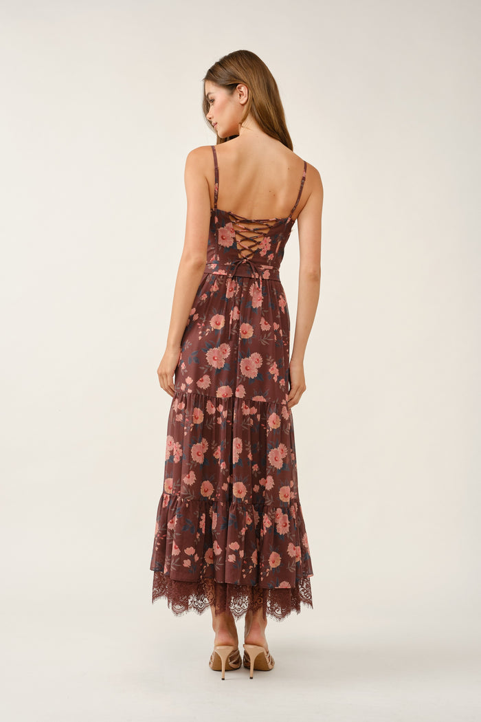 Floral Print Lace-up Corset Tiered Lace-trim Midi Dress