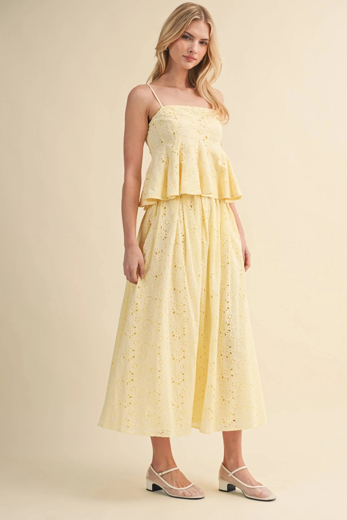 EYELET PEPLUM CAMI AND PLEATED FLARE MIDI SKIRT