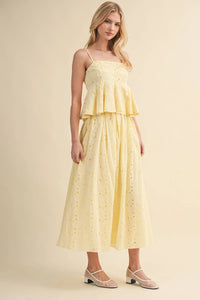 EYELET PEPLUM CAMI AND PLEATED FLARE MIDI SKIRT