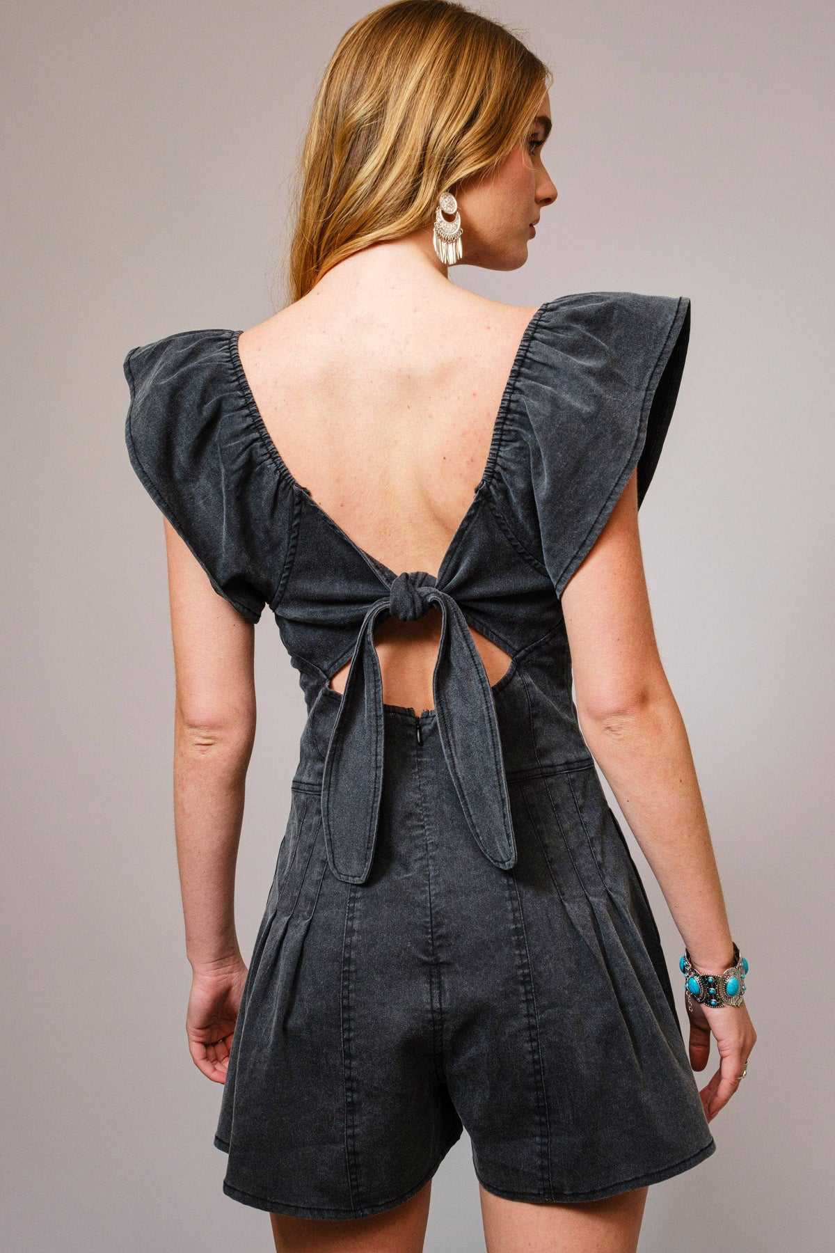 SWEETHEART RUFFLE SLEEVE DENIM ROMPER