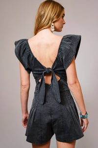 SWEETHEART RUFFLE SLEEVE DENIM ROMPER
