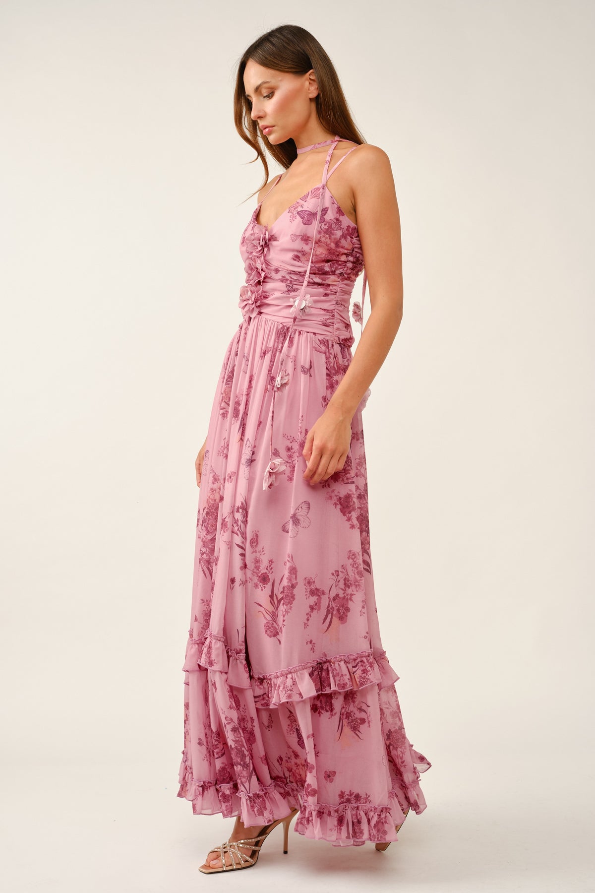 Floral Chiffon Maxi Dress With Choker Accent