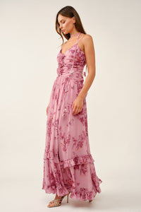 Floral Chiffon Maxi Dress With Choker Accent
