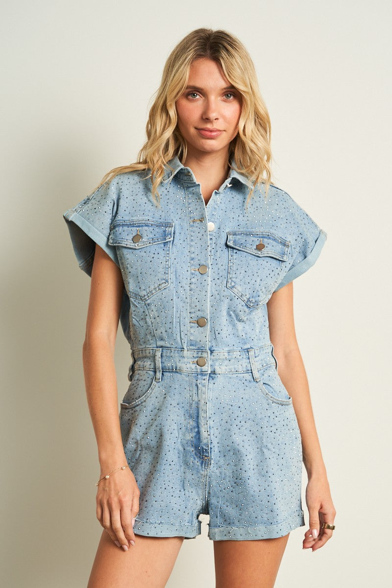 Rhinestone Detailed Denim Romper