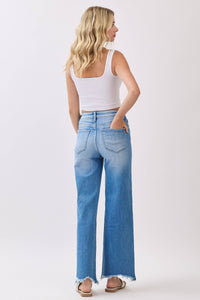 High Rise Stretch Wide Leg Jeans with Destroyed Hem