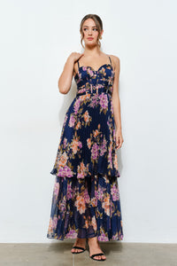 Romantic Floral Sheer Sweetheart Tiered Maxi Dress