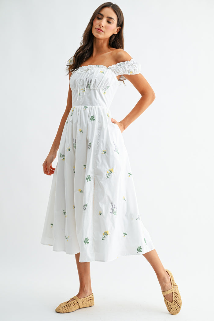 Floral Embroidered Off-Shoulder Midi Dress