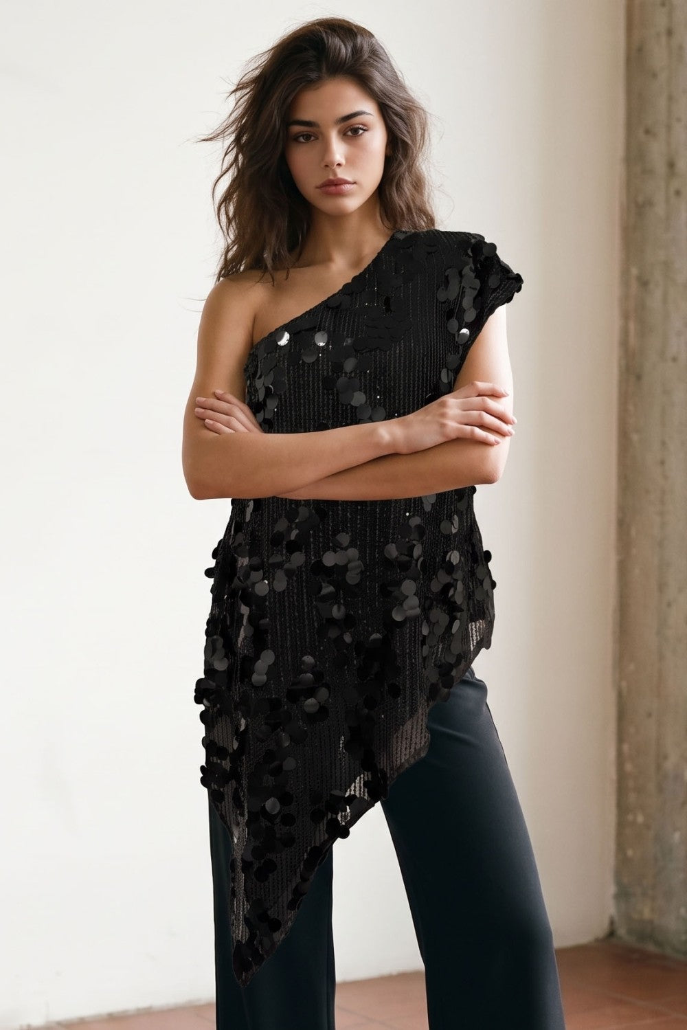 Lilli Black Sequin One-Shoulder Asymmetric Top