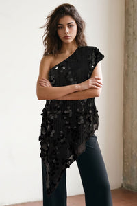 Lilli Black Sequin One-Shoulder Asymmetric Top