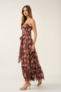 Floral Print Lace-up Corset Tiered Lace-trim Midi Dress
