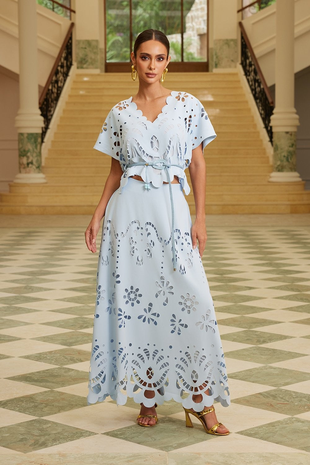 Light Blue Laser-Cut Top & Maxi Skirt Set