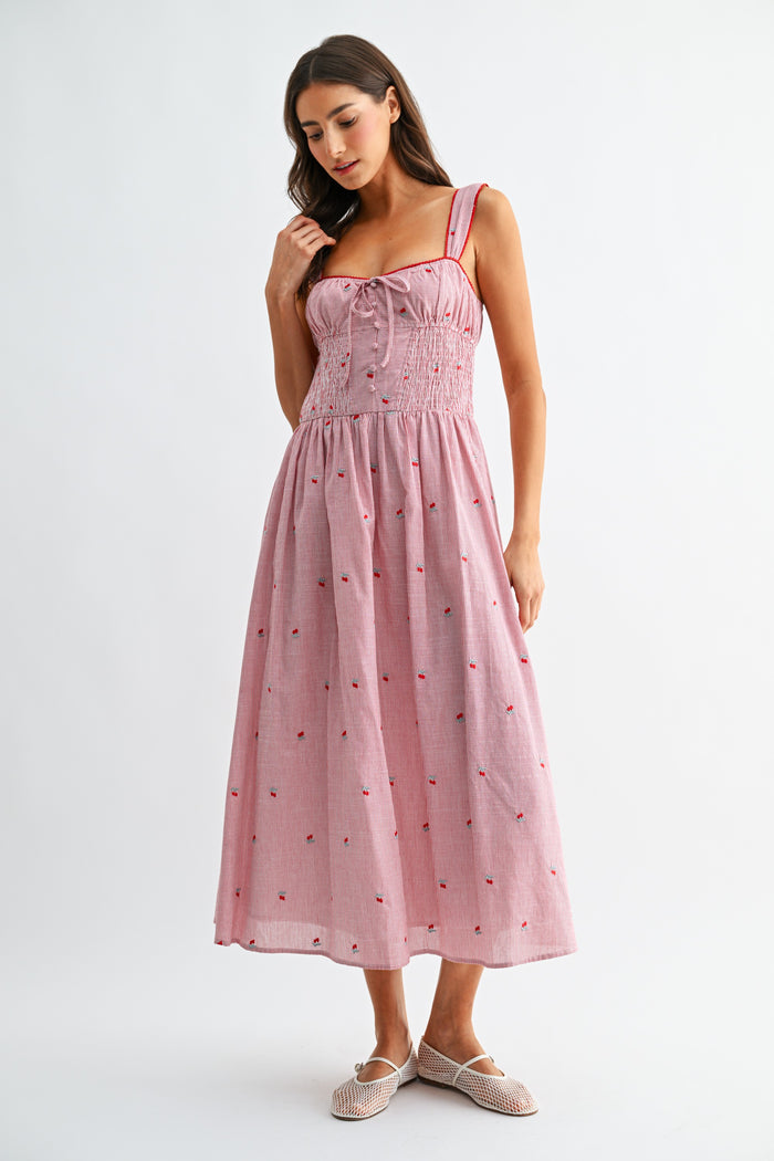 Striped Midi Dress With Flower Embroidered