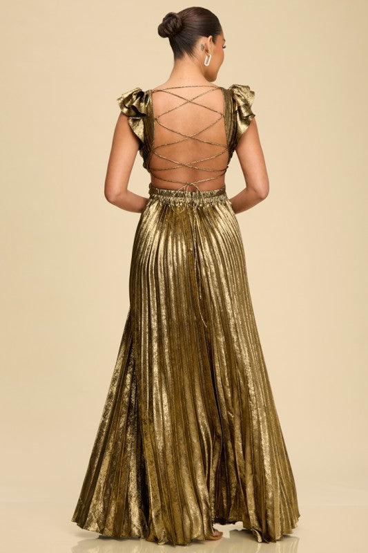 Metallic Pleated Maxi Dress open back