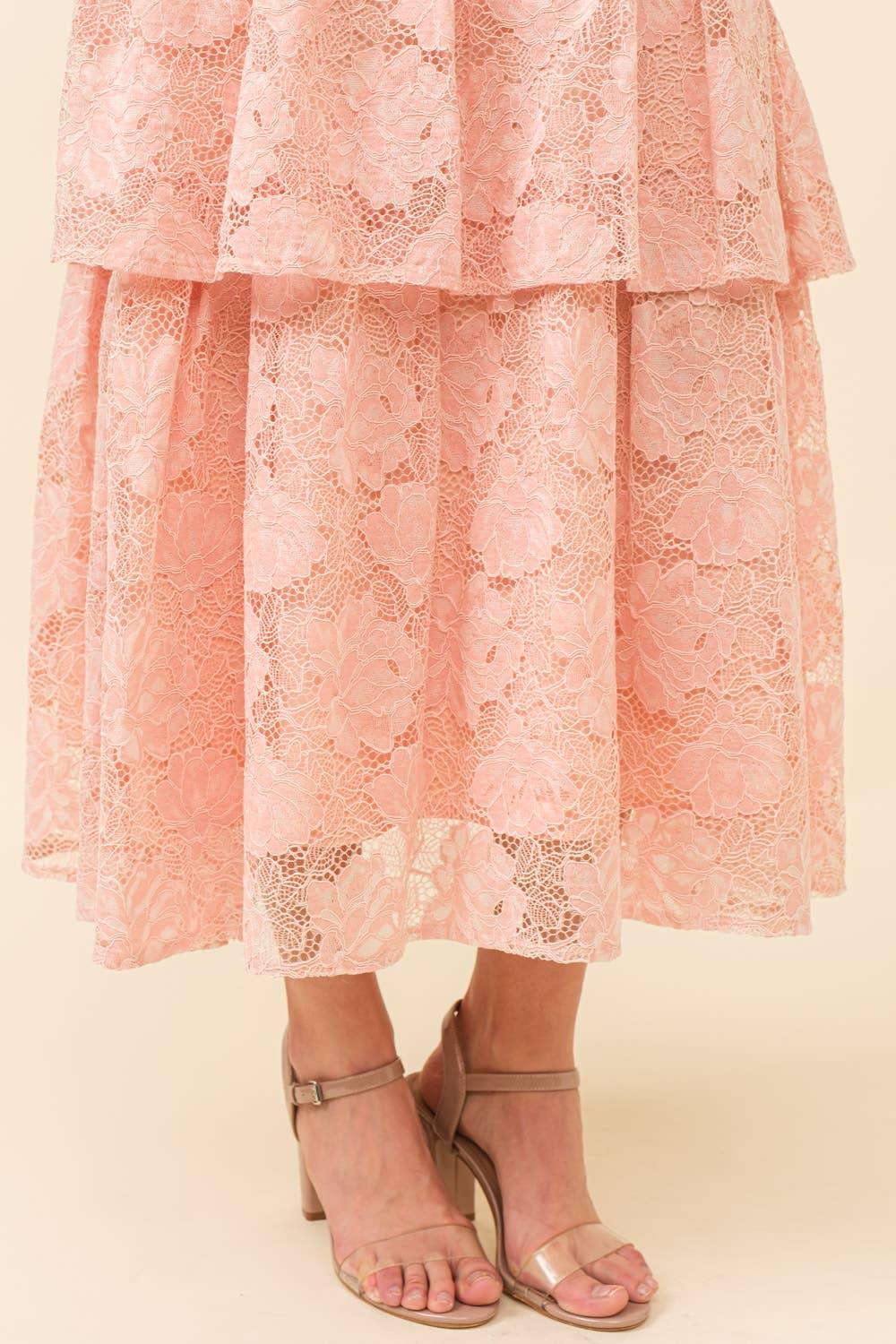 Blush Pink Lace Tiered Midi Dress