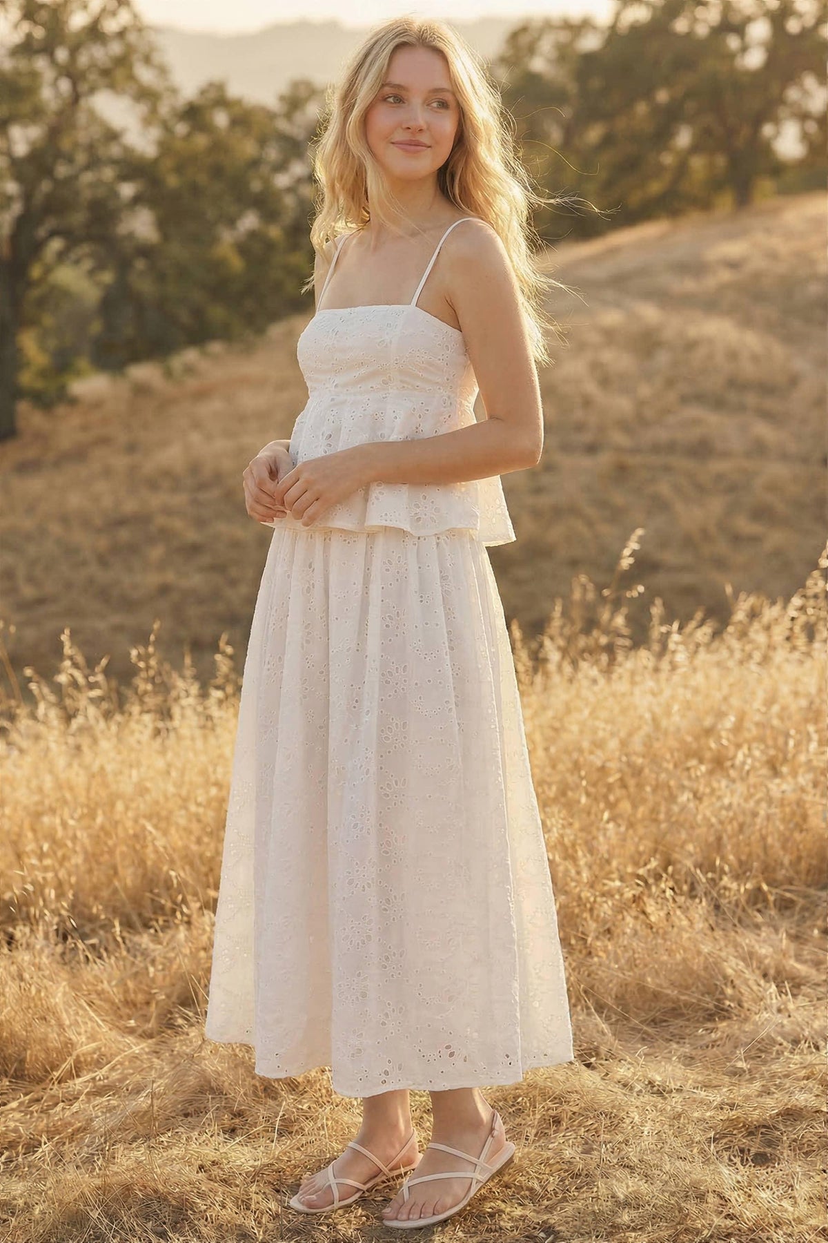 EYELET PEPLUM CAMI AND PLEATED FLARE MIDI SKIRT