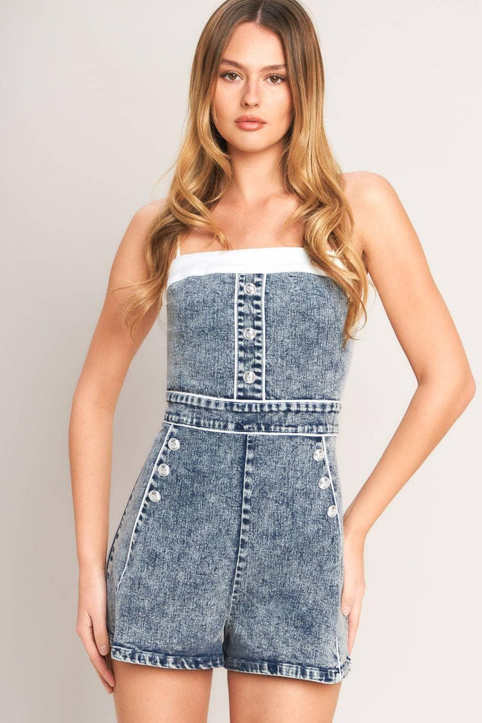 Acid Denim Romper – Sleeveless Button-Detail Jumpsuit