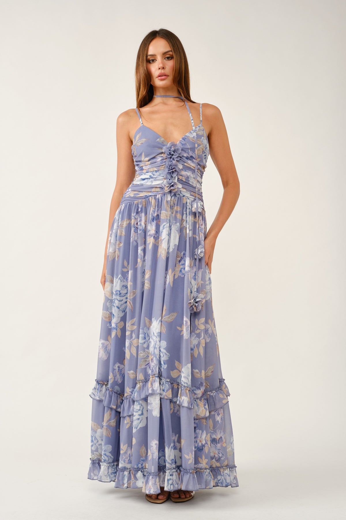 Floral Chiffon Maxi Dress With Choker Accent