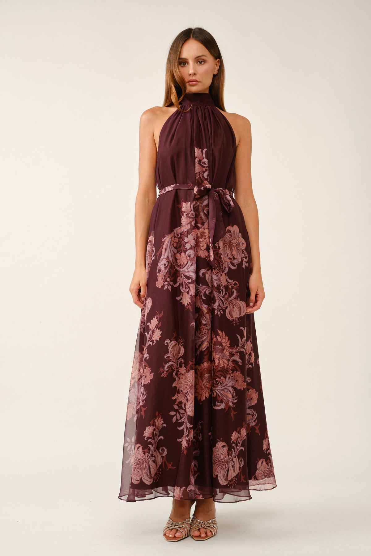 Elegant Floral Mock Halter Maxi Dress