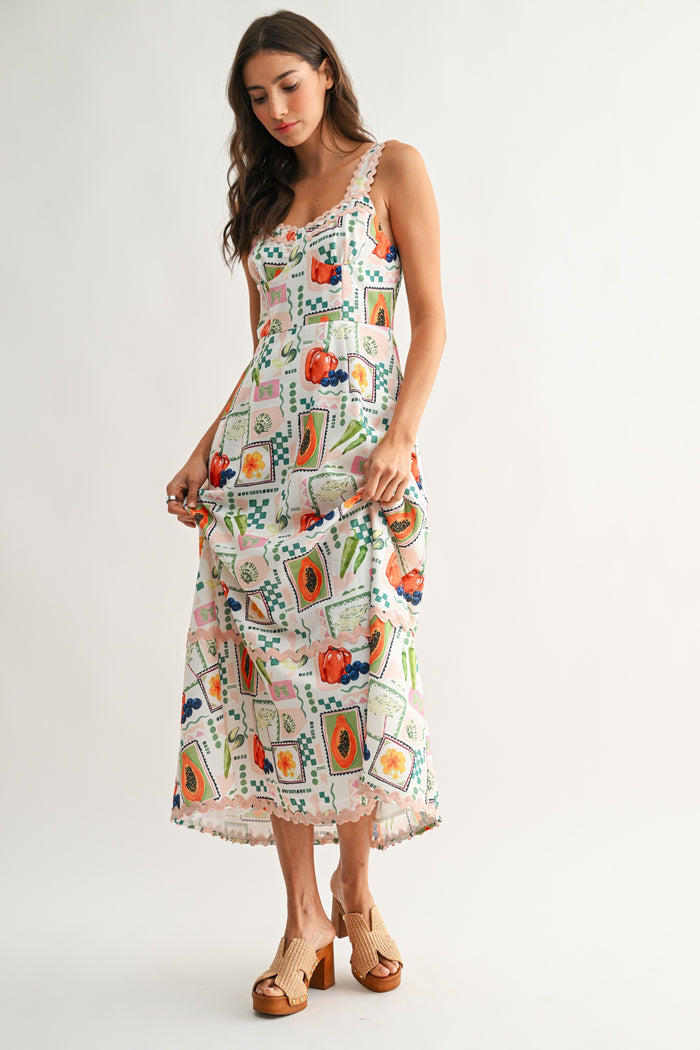 Printed Maxi Dress With Pastel Ric-rac Trim