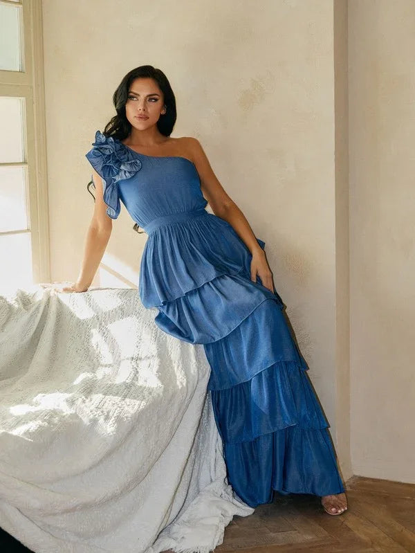 DENIM CORSAGE ONE SHOULDER MAXI DRESS PRIVILEGE