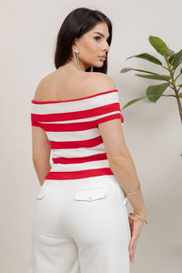 Marins Striped Off-Shoulder Gold Button Knit Top