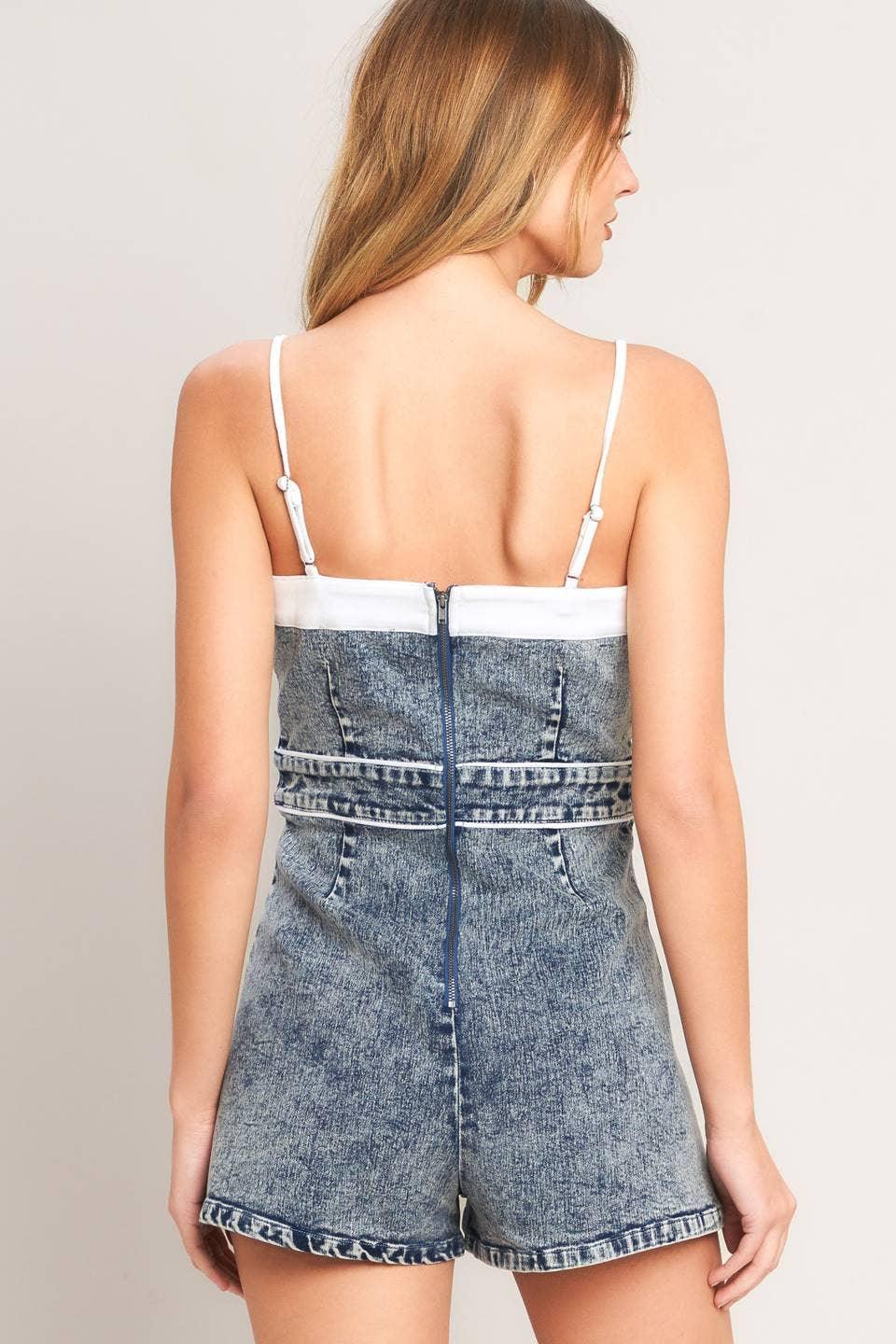 Acid Denim Romper – Sleeveless Button-Detail Jumpsuit
