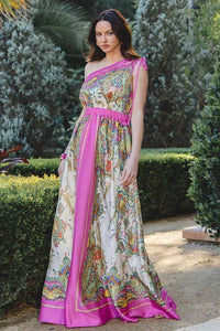 SATIN BORDER PRINT ONE SHOULDER MAXI DRESS - PRIVILEGE 