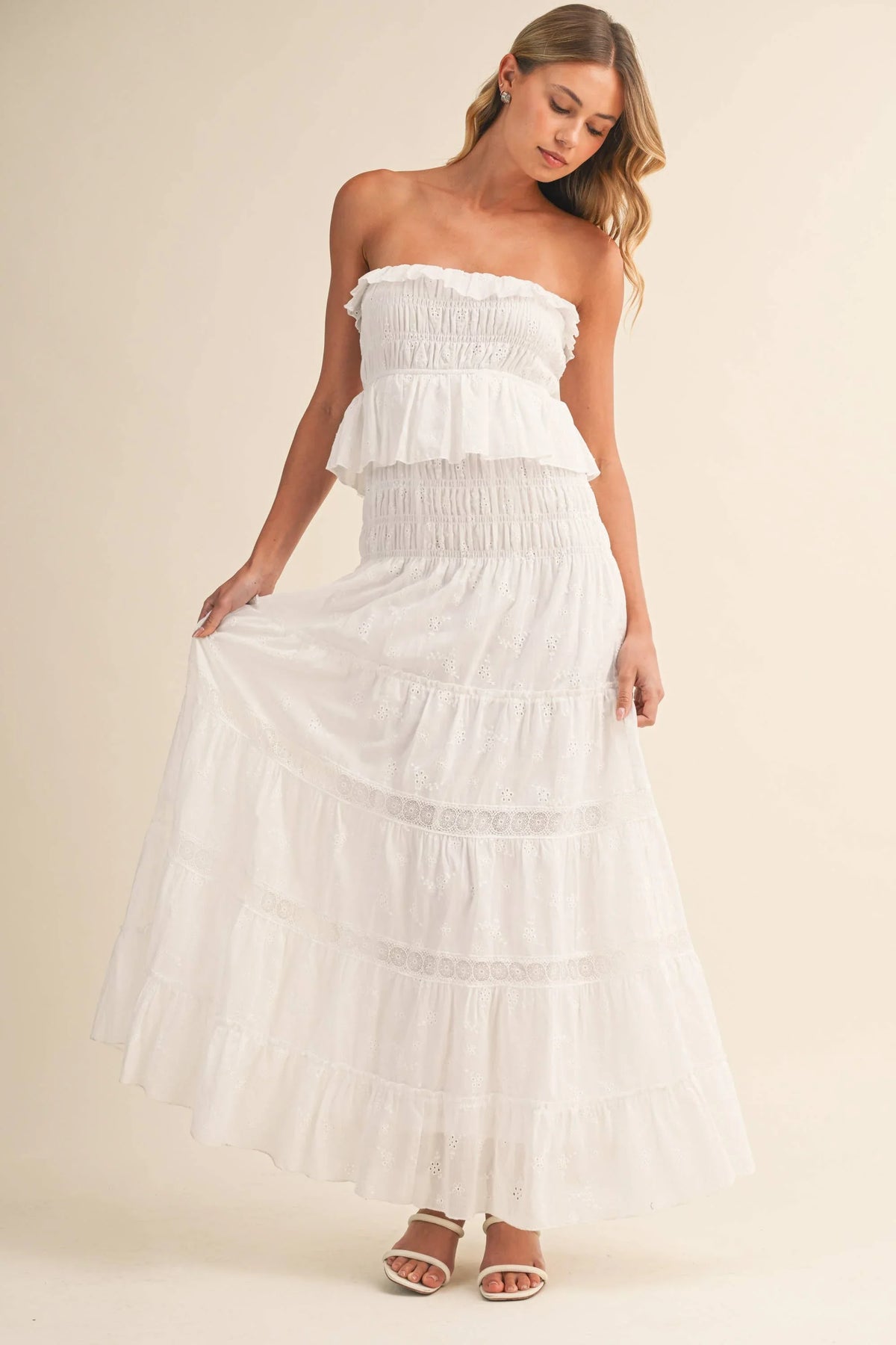 Strapless Eyelet Tiered Maxi Dress with Smocked Bodice