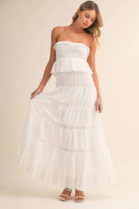 Strapless Eyelet Tiered Maxi Dress with Smocked Bodice