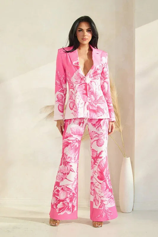 BIG FLOWER PRINT BLAZER FLARE PANT SET PRIVILEGE