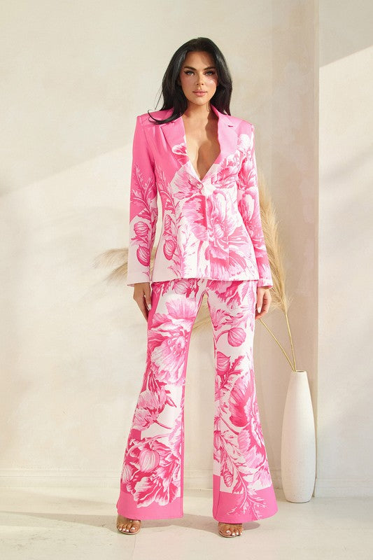 BIG FLOWER PRINT BLAZER FLARE PANT SET