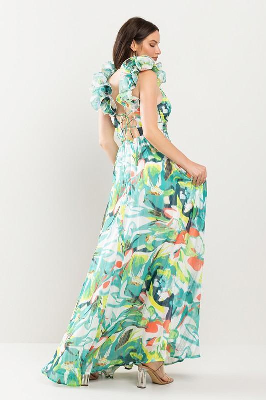 RUFFLED SHOULDER MAXI DRESS - PRIVILEGE 