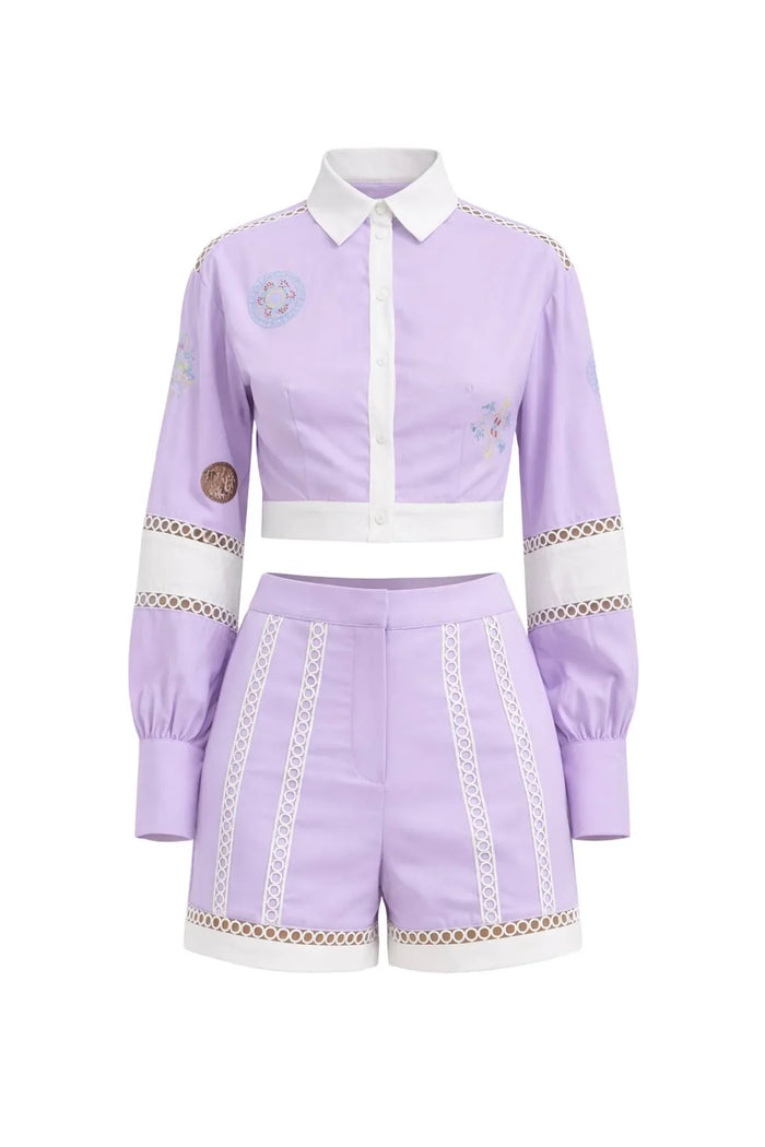 Woven Crop Shirt And Shorts Set With Embroidery