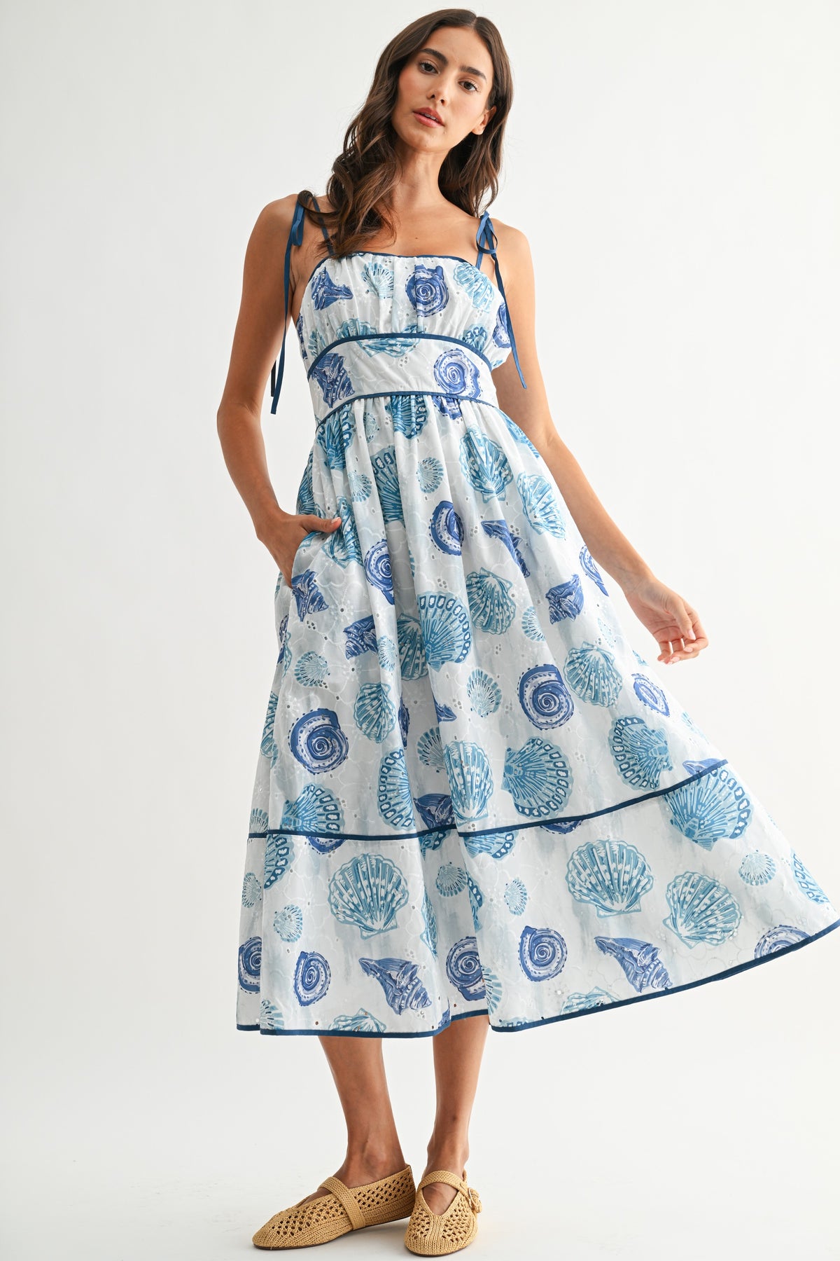 Blue Seashell Print Midi Dress | Resort & Vacation Style
