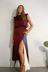 Padded Shoulder Top & Color Block Skirt Set - 2 Piece