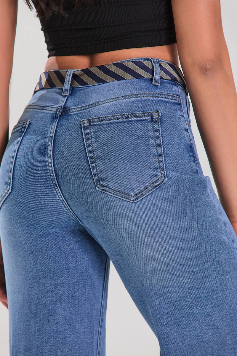 Medium Blue Bootcut Jeans with Tie Detail