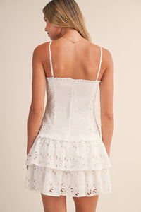 FLORAL EYELET DROPWAIST TIERED MINI DRESS