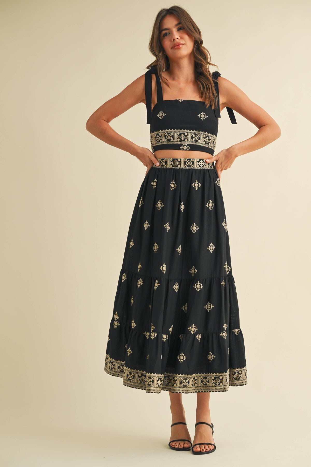 Boho Embroidered Crop Top & Tiered Midi Skirt Set
