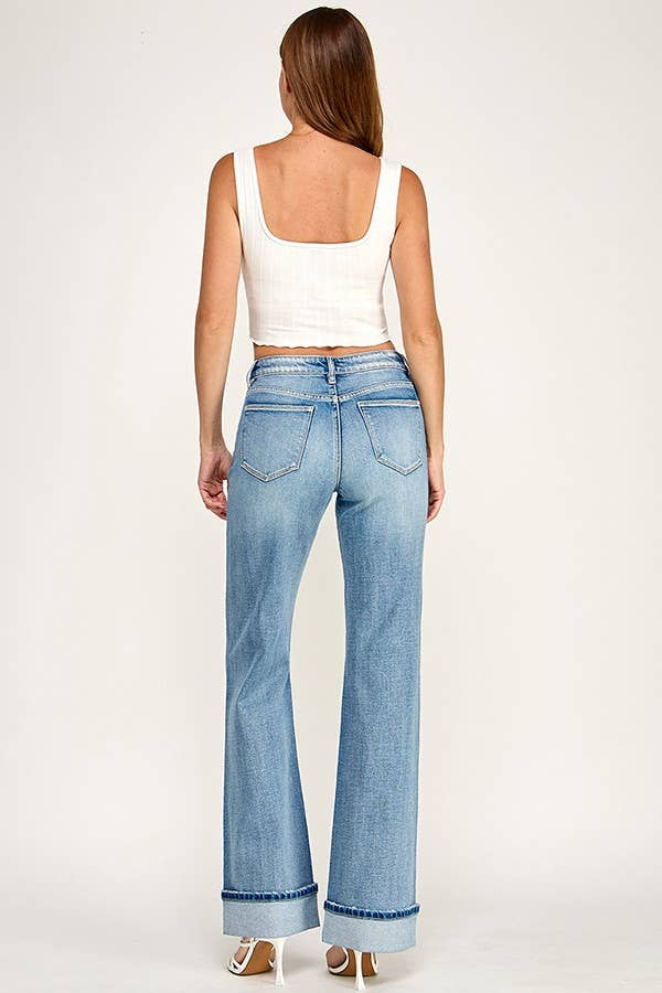 Mid Rise Vintage Flare Jeans with Cuffed Hem — Light Wash