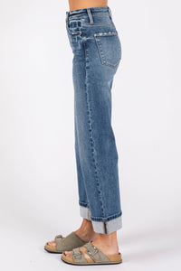 High Rise Stretch Relaxed Straight Jeans with Cuffed Hem