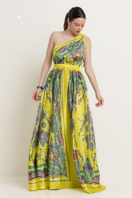 SATIN BORDER PRINT ONE SHOULDER MAXI DRESS - PRIVILEGE 