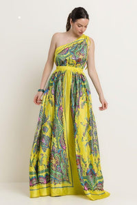 SATIN BORDER PRINT ONE SHOULDER MAXI DRESS - PRIVILEGE 