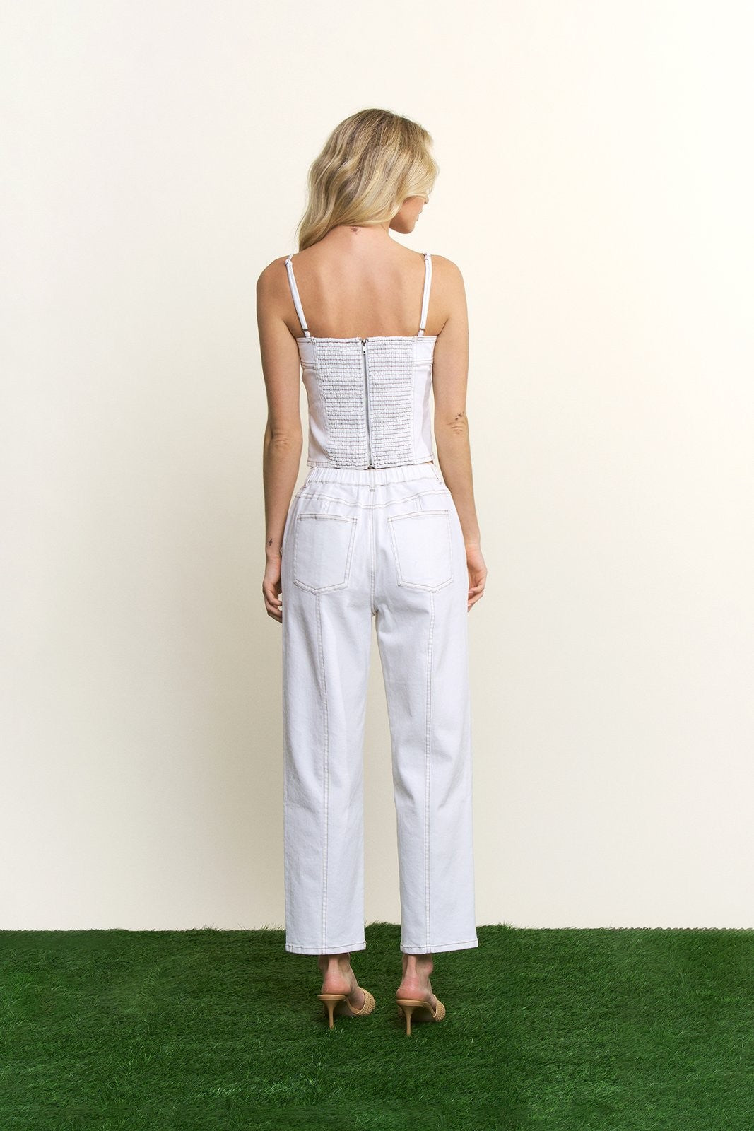 Camellia Off White Denim Crop Top & Barrel Jean Set