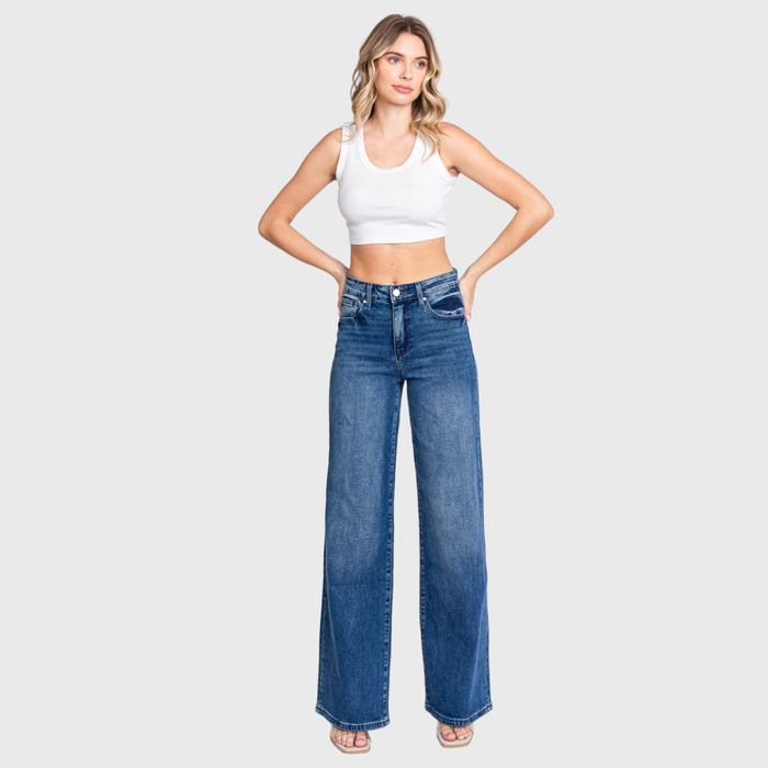 High Rise Comfort Stretch Wide Leg Jeans — Medium Dark Wash
